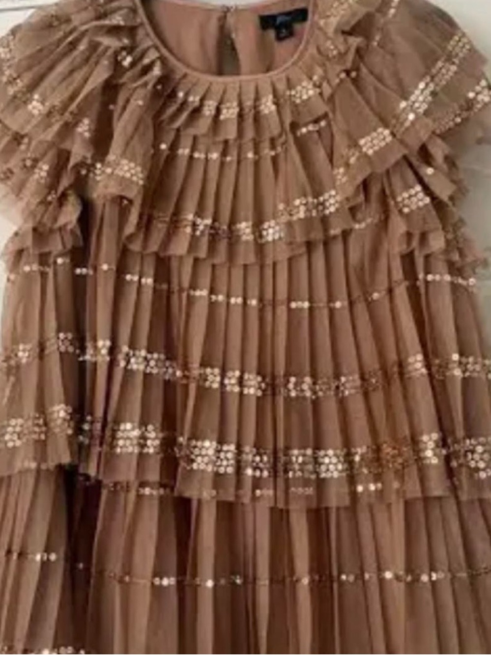 JCrew Tiered Ruffle top in Taupe with Sequin Trim